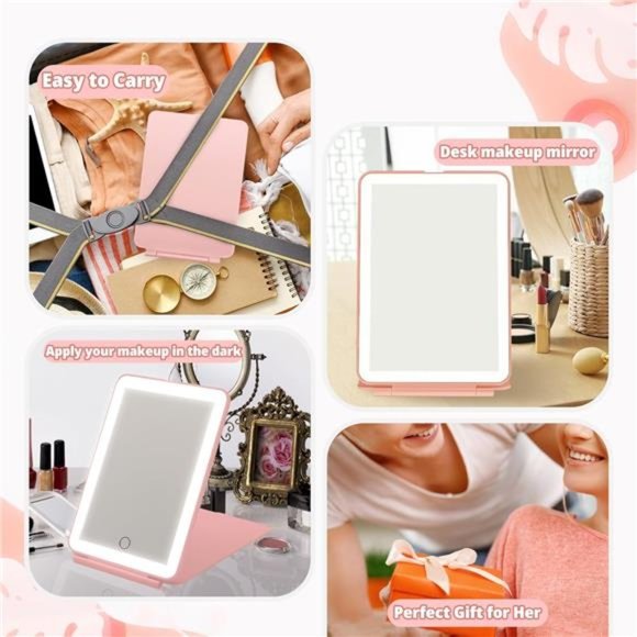 Travel Mirror for Makeup, Rechargeable Light up Pink Mirror with 72 LED Lights - Picture 7 of 8